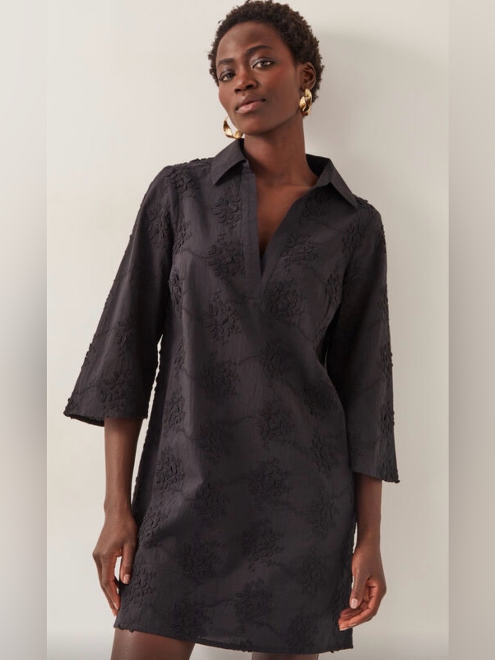 Monsoon Black Harika Embroidered Mini Shirt Dress M